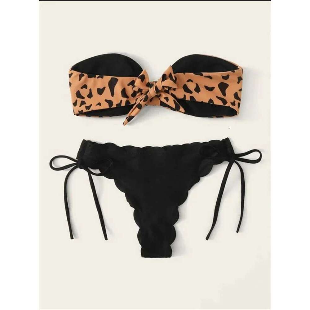 Beach Bikini 2024 Sexy Women's Front Line Leading with Leopard Pattern Swimsuit Women's Push Up Ruffle Bow Swimsuit thong Swimsuit