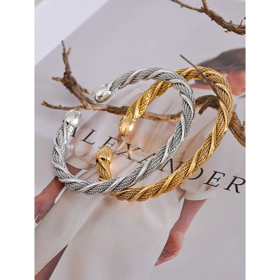 Yhpup Waterproof Stainless Steel Twisted Round Cuff Open Bracelet Bangle for Women Texture Metal Statement Jewelry Gift 250320
