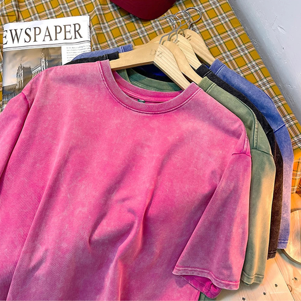 Vintage Snowflake Point Solid Color T-Shirts For Men Women 100% Cotton Short Sleeve Wash With Old Water Street Hip Hop Tee Shirt 250317