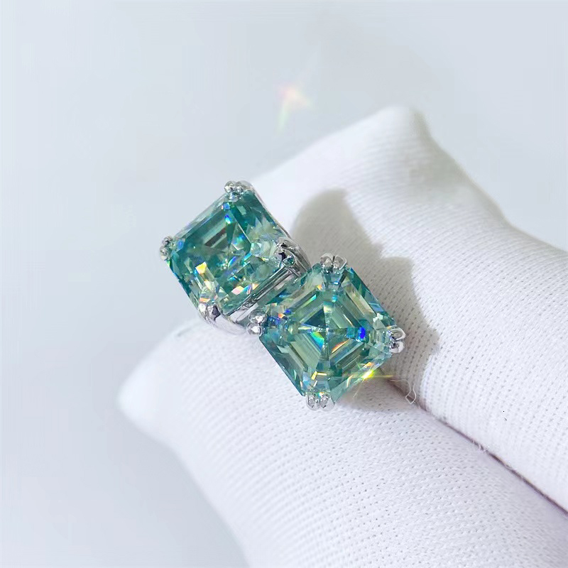 Trendy 925 Sterling Silver Blue Green Color VVS1 Asscher Cut Moissanite Stud Earrings Screw Back for Women Men Jewelry Gift
