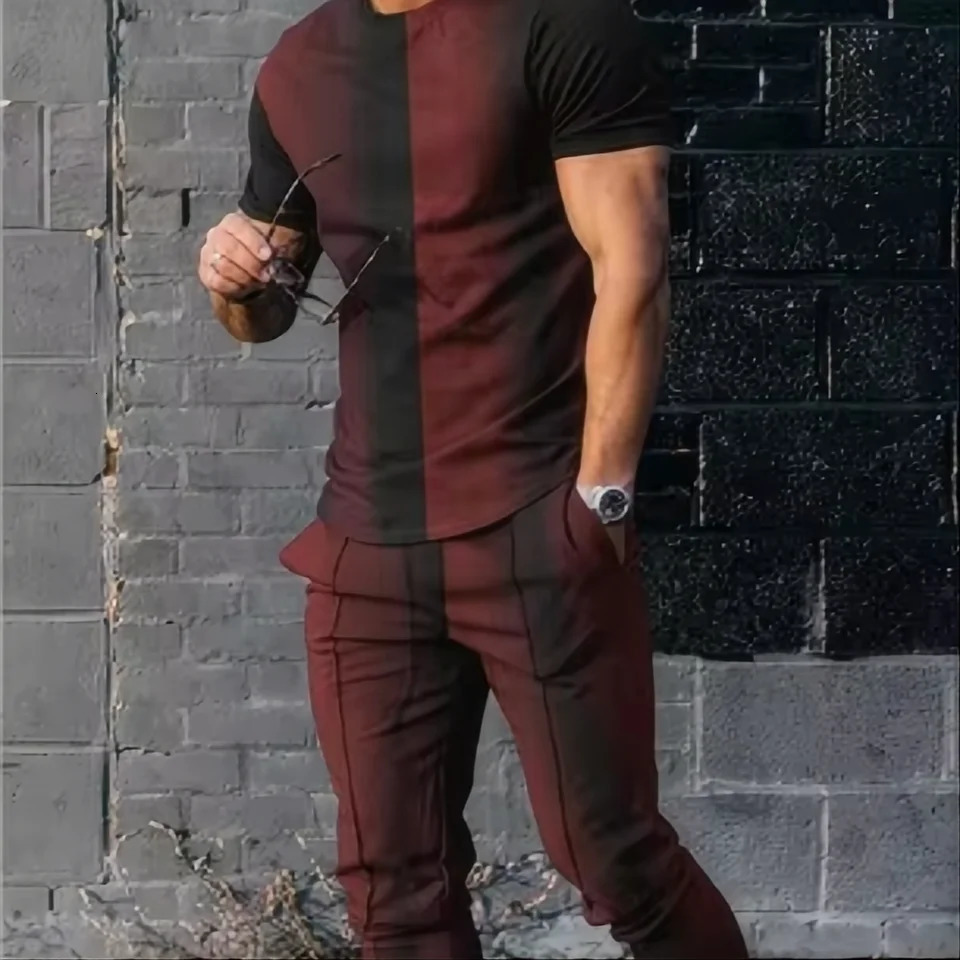 Mens Sweat Suits Sets - Summer Abstract Gradient 3D Printed T-Shirt and Pants Set 2-Piece Oversized Streetwear