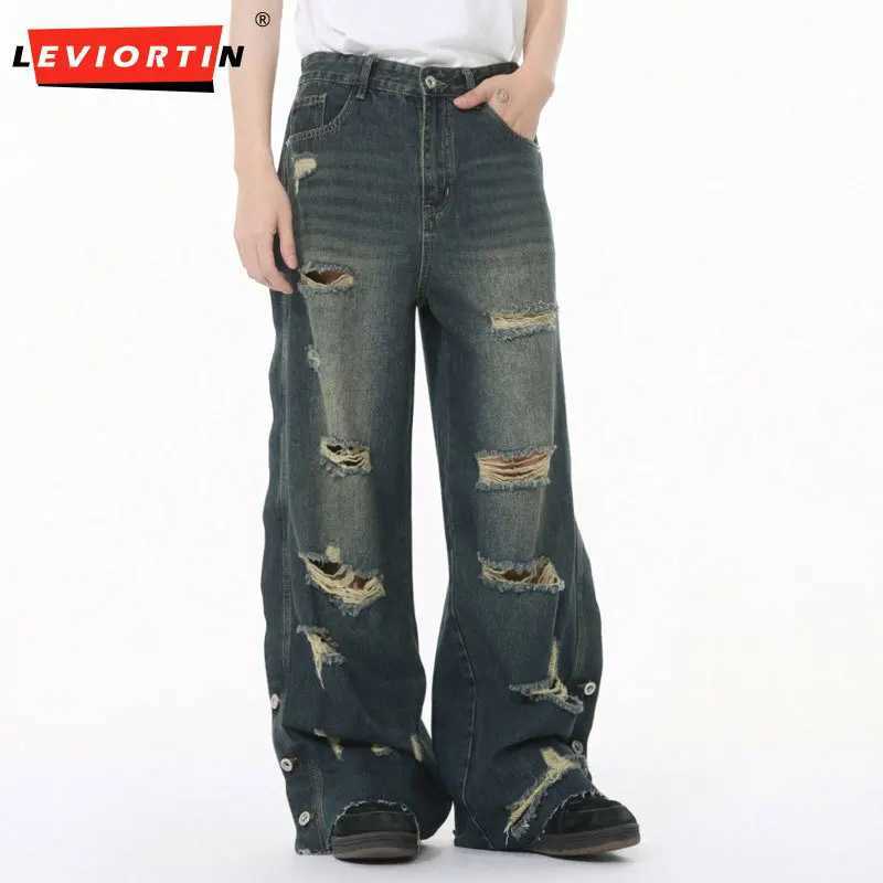 New Mens Wear Hole Heavy Industry Personalized Fashion Versatile Wash Loose Jeans Trend in the US StreetT250319