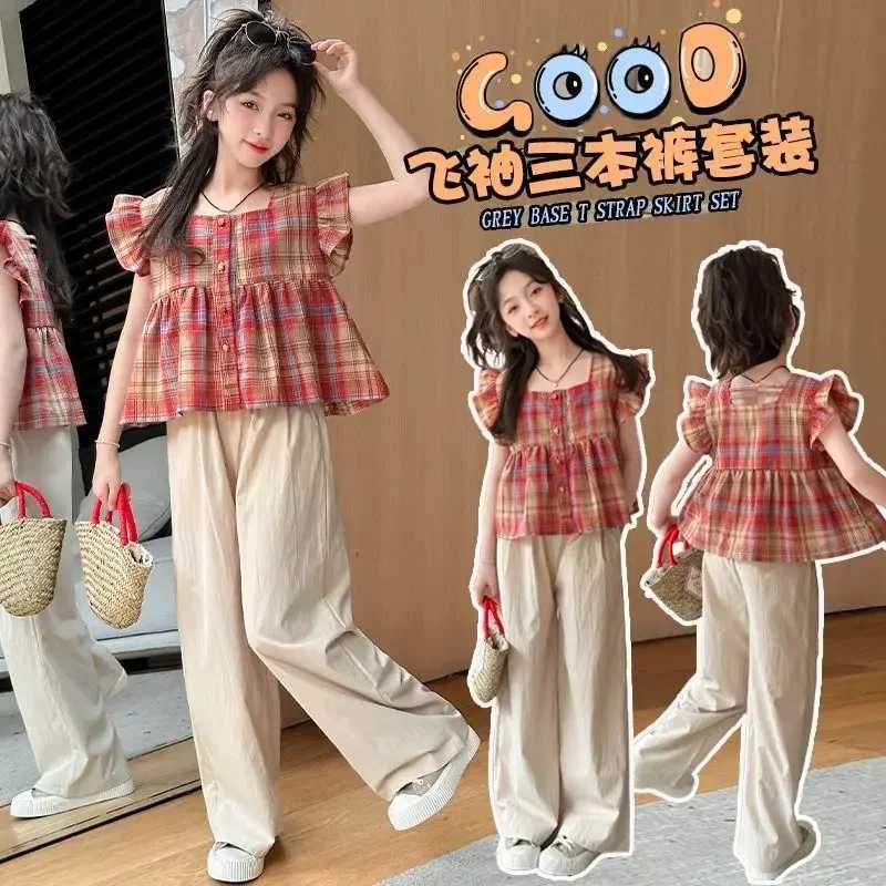 Girls summer flying sleeve short-sleeved doll suit 2024 new fashionable medium-sized big boy girl plaid two-piece set trendyT250320