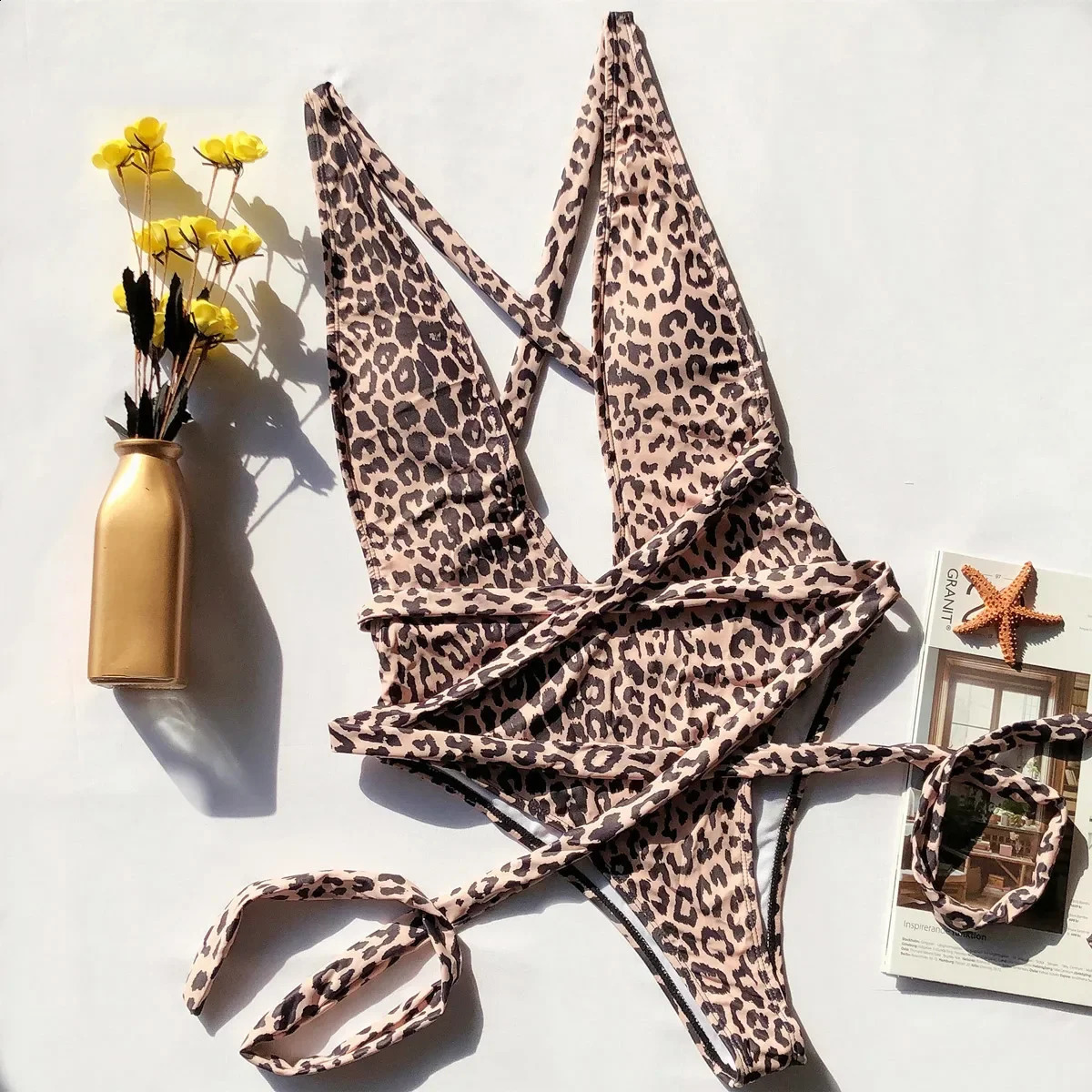 Leopard Print One Piece Swimsuit Women Hollow Out Swimwear Thong Monokini Summer Beachwear Vacation Bathing Suit Mujer 250319