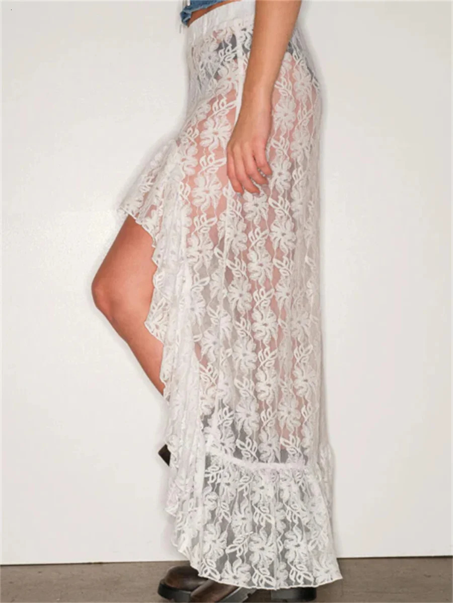 Women Sheer Mesh Y2k Lace Skirt See Through Vintage Fairy Grunge Lace Floral Ruffle Irregular Hem Maxi Skirt Trendy Streetwear 250320
