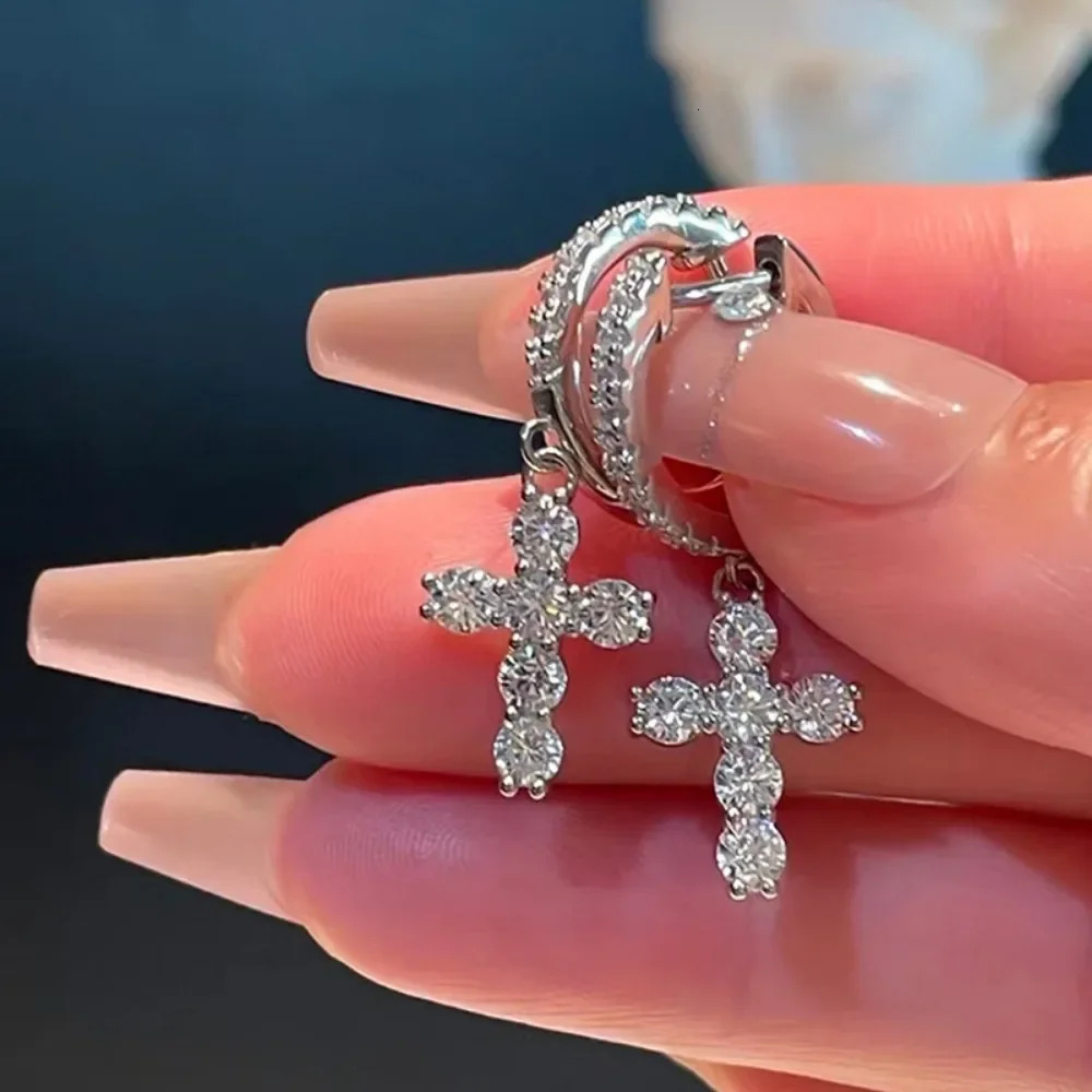 FEOBUR Full Moissanite Cross Drop Earrings for Women 100% 925 Sterling Sliver Lab Diamond Dangle Earrings Men Hiphop Jewelry