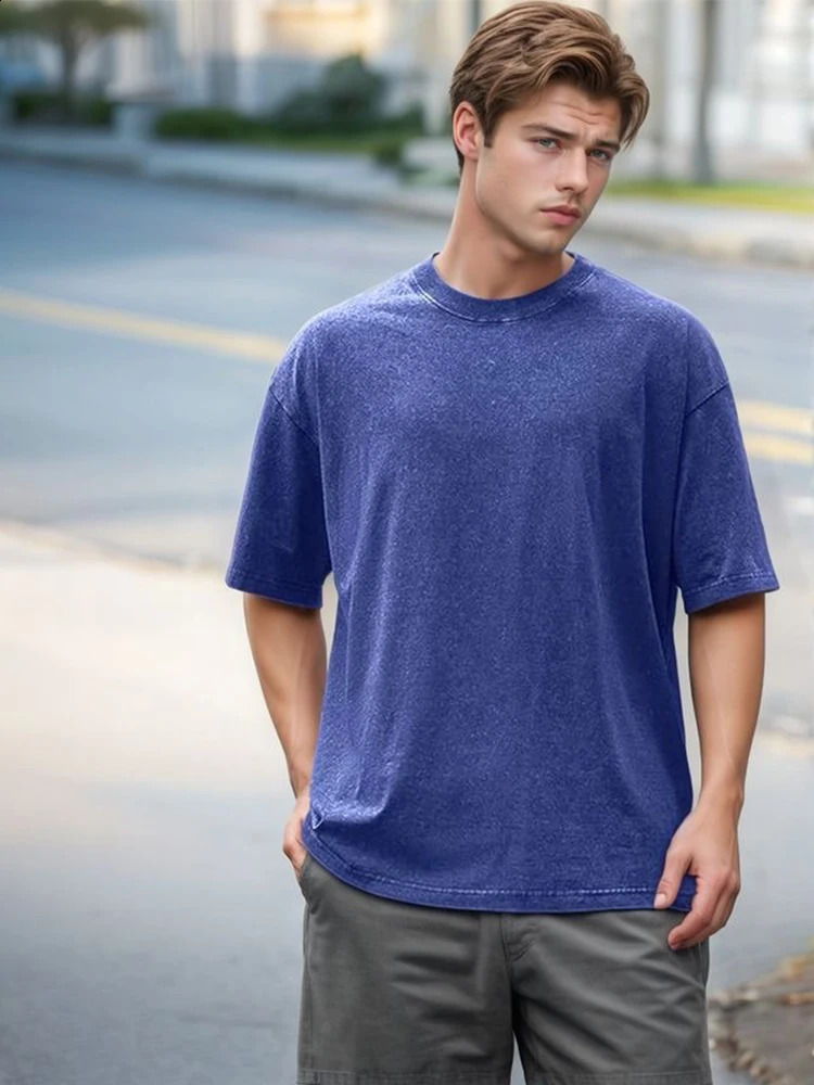 Summer mens washed T-shirt 230G heavy cotton vintage faded oversized unisex basic T-shirt short sleeved loose sports top 250317