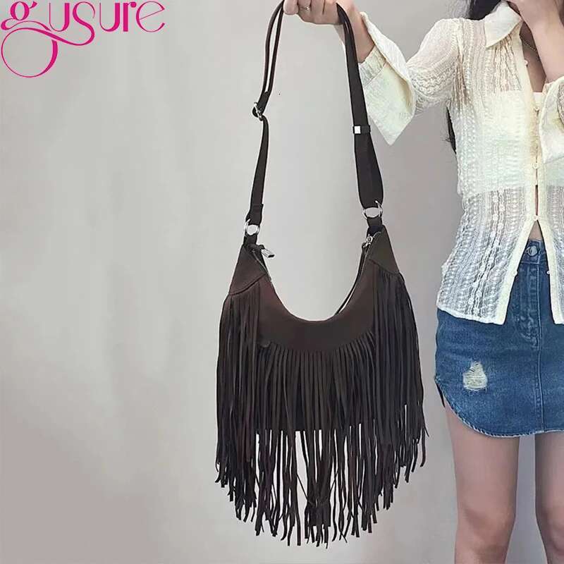 Gusure Vintage Tassel Crossbody Shoulder Bags Women Fashion Suede Small Handabg And Purse Female Design Armpit Hobos Bag