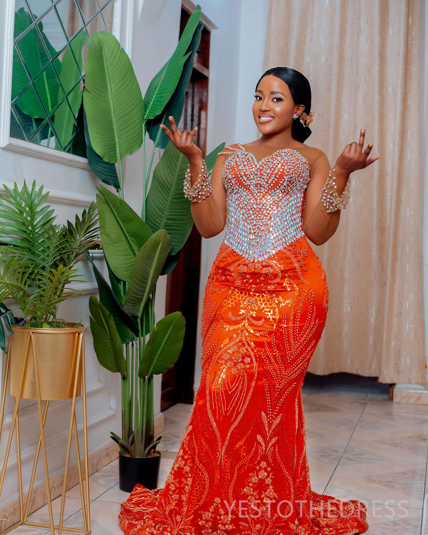 Plus Size Aso Ebi Orange Prom Dresses 2025 Mermaid Prom Dress For Special Occasions Sheer Neck Flora Illusion Beaded Lace Birthday Second Reception Go
