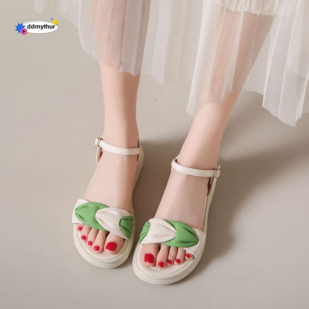 2024 new women's one-line buckle muffin bottom side empty summer cool breathable soft soled white sandals ddmythur