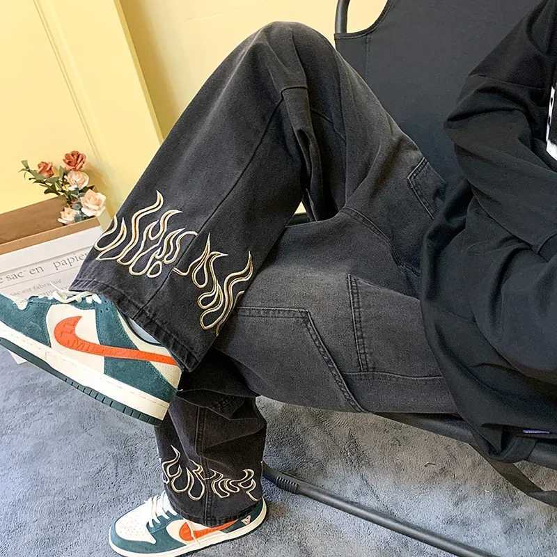 2024 new autumn mens street hip-hop loose wide leg pants Y2k Harajuku style pocket straight jeans black blueT250319