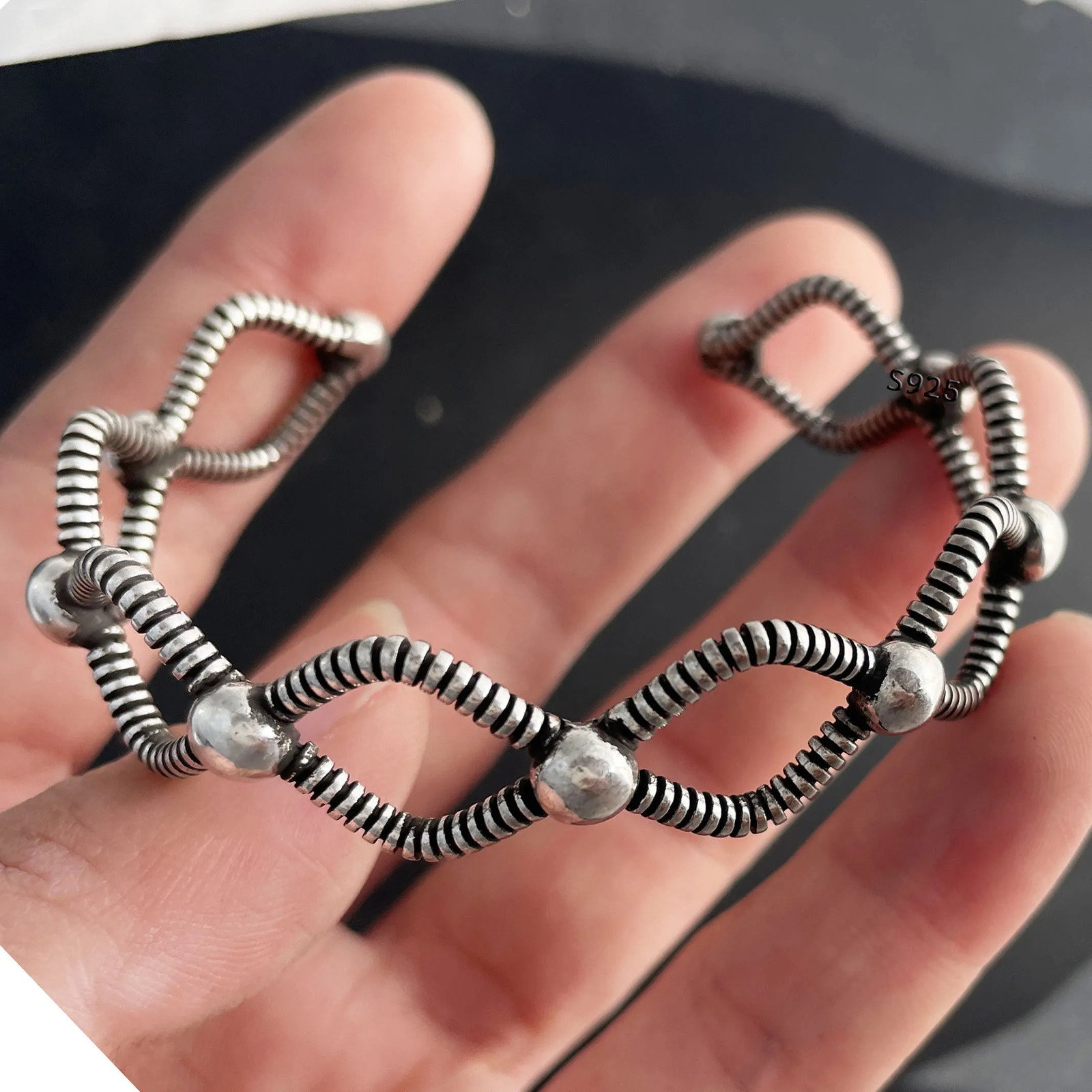 100% Solid 925 Sterling Silver Metal Bracelet for Women Vintage Handmade Simple Retro Black Stone Bracelet Birthday Gift Party 250320