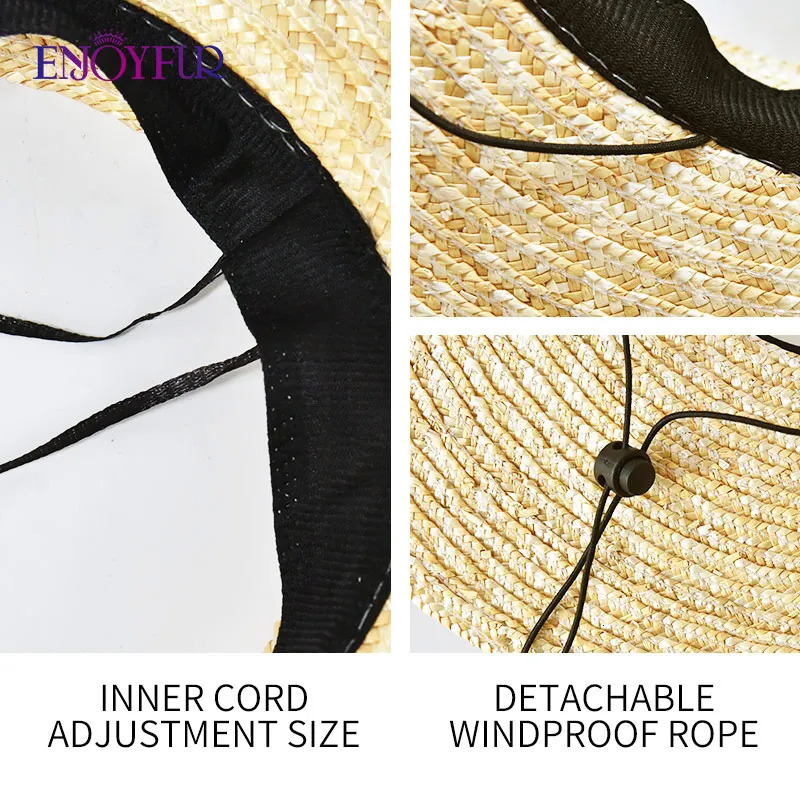 ENJOYFUR Women Summer Visor Hats Natural Straw Empty Top Beach Hat Quality Wide Large Brim Unisex Couple Travel Sun Caps 250320