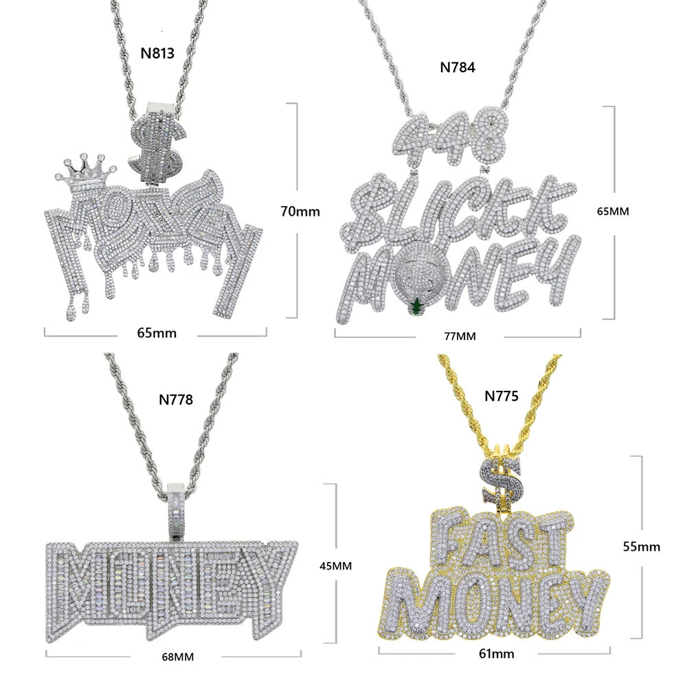 Iced Out Bling Crown Letters Money Pendant Necklace Two Tone Color CZ Zircon Dollar Symbol Necklaces Mens Hip Hop Jewelry 250320