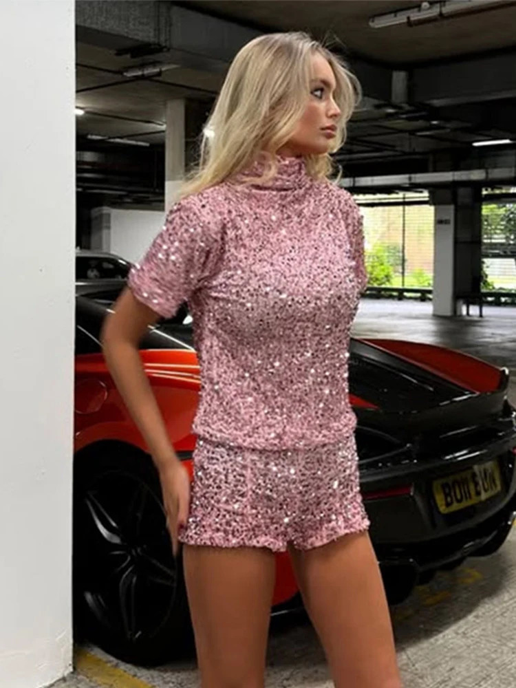 Retro Sequin Turtleneck Shirt Shorts Womans Set Y2K Glitter Solid Short Sleeve Shirts Slim Pants Sets Female Chic Street 250320