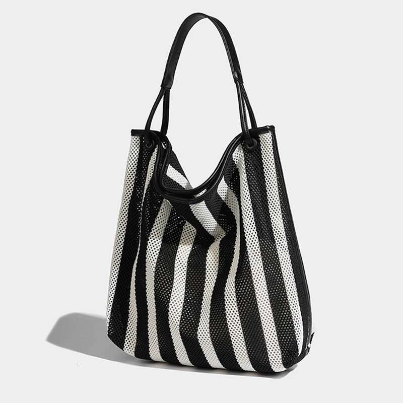 Striped Bucket Bags For Women Designer Handbags And Purses New In Fashion Hollow Out Weave Large Capacity Shoulder