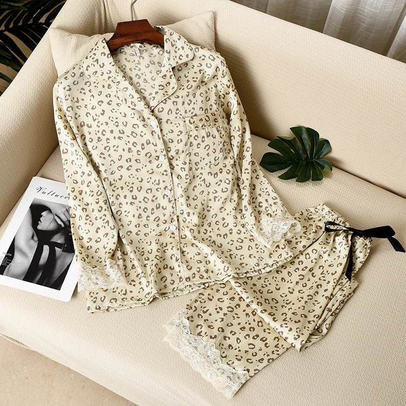 Lisacmvpnel Leopard Print Women Pajama Set Ice Silk Soft Touch Long Sleeve Suit Pyjamas 250319