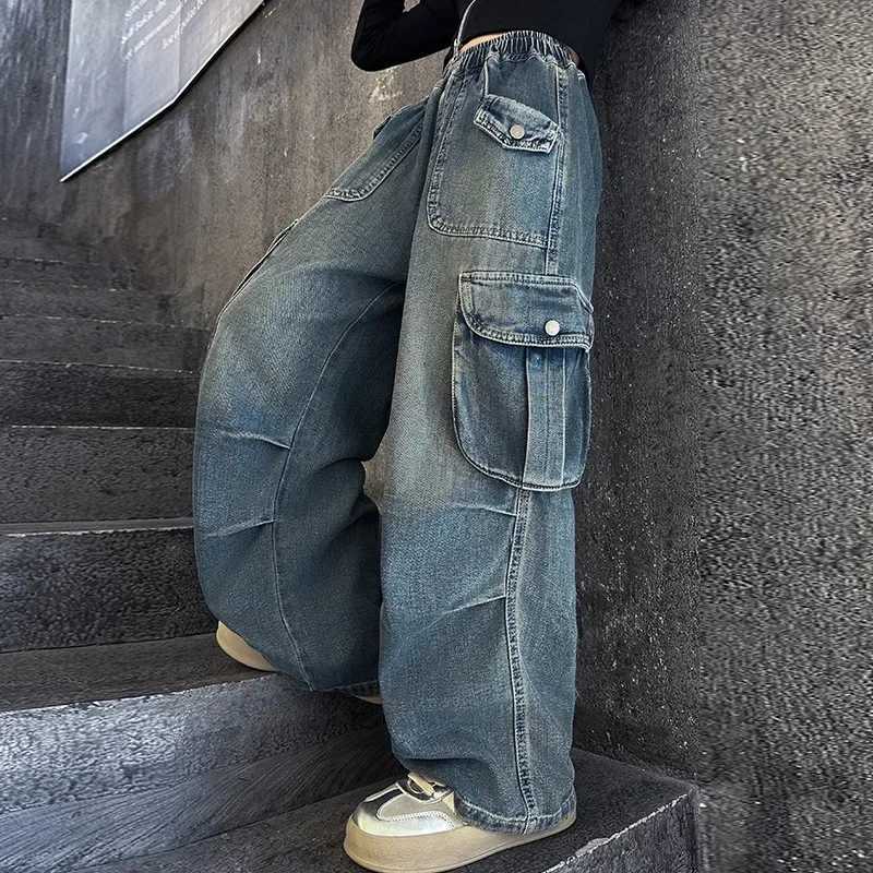 Girls Multi-Pocket Blue Washed Jeans Kids Cargo Retro Streetwear Wide Leg Pants Childrens Fashion High Waist Casual TrousersT250326