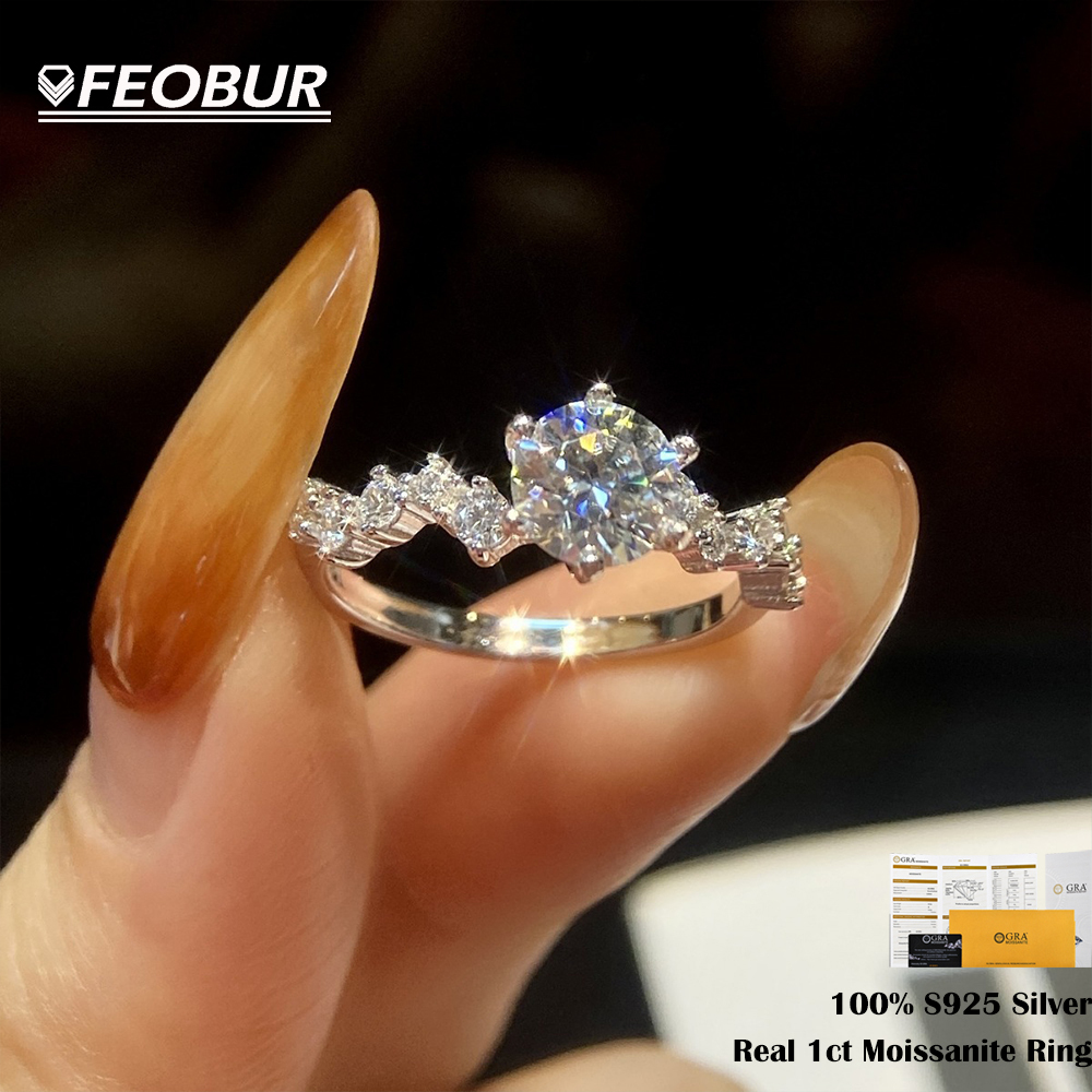 FEOBUR 1CT D Color Moissanite Diamond Engagement Ring for Women with GRA Certificate 925 Sterling Silver Promise Wedding Band