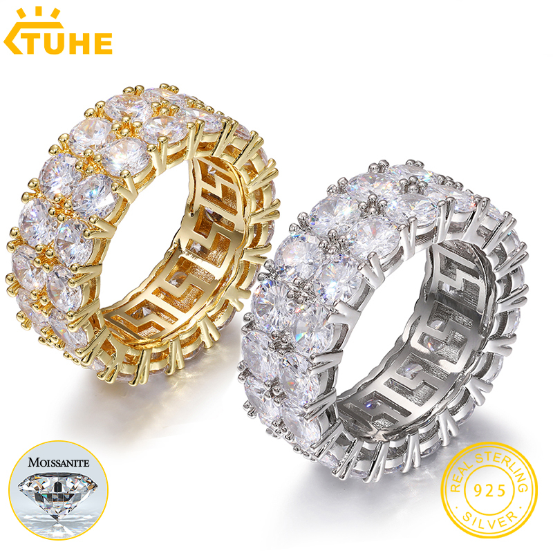 Top Quality 2 Rows 5mm 0.5ct Moissanite Rings Men Hip Hop Jewelry 100% Sterling Silver 925 Bling Gold Plated 18K Ring Gift