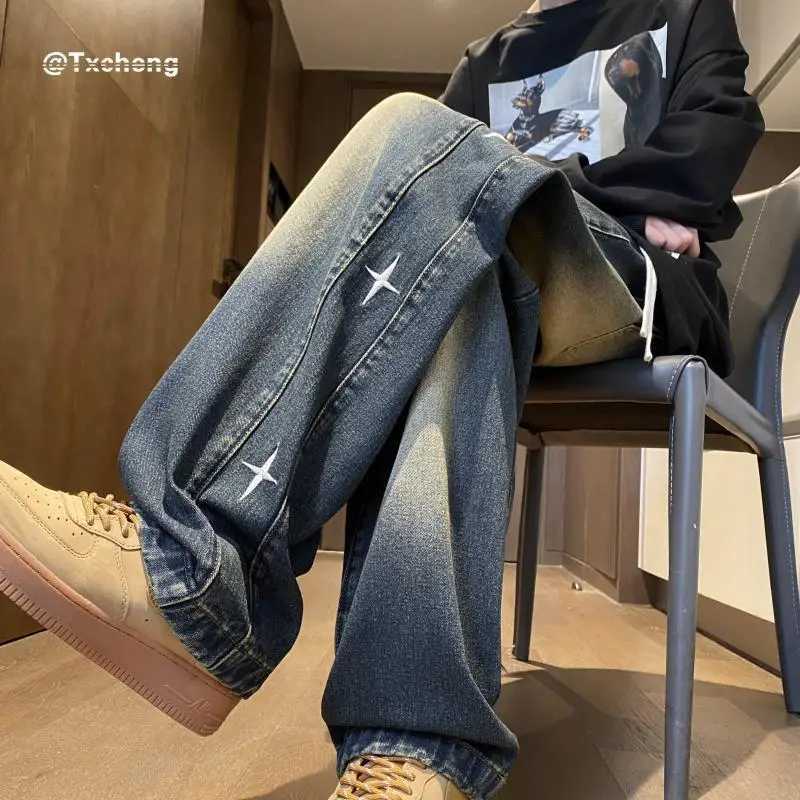 2024 American retro male and female trend star shaped graphic design straight leg jeans loose hip-hop wide leg casual pants Y2KT250319