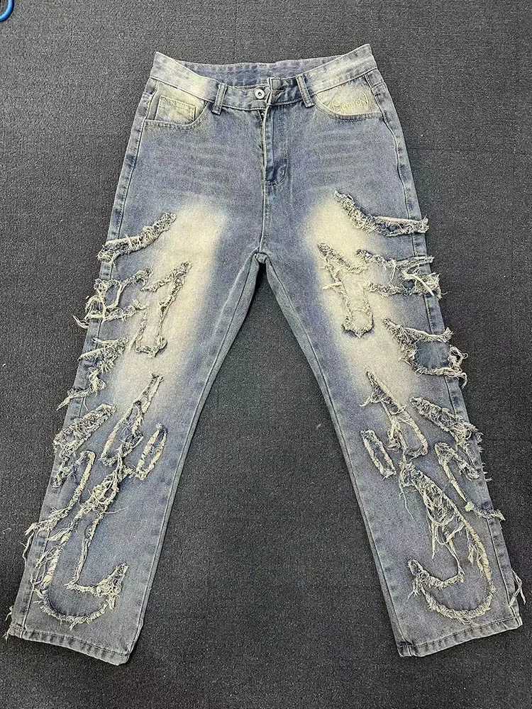 New Men Y2k Fashion Hip Hop Baggy Patchwork Denim Pants Women High Waisted Trousers Street Retro Raw Edge Embroidery Black JeansT250319