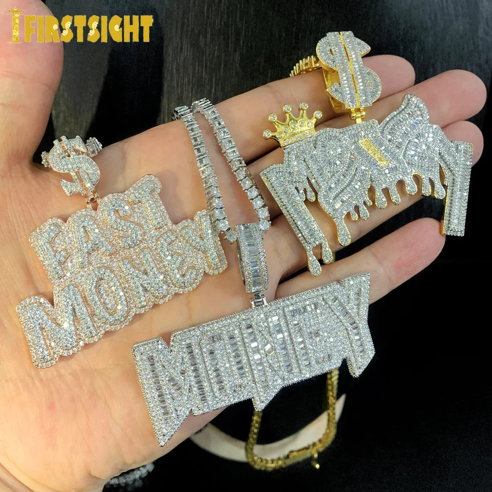 Iced Out Bling Crown Letters Money Pendant Necklace Two Tone Color CZ Zircon Dollar Symbol Necklaces Mens Hip Hop Jewelry 250320