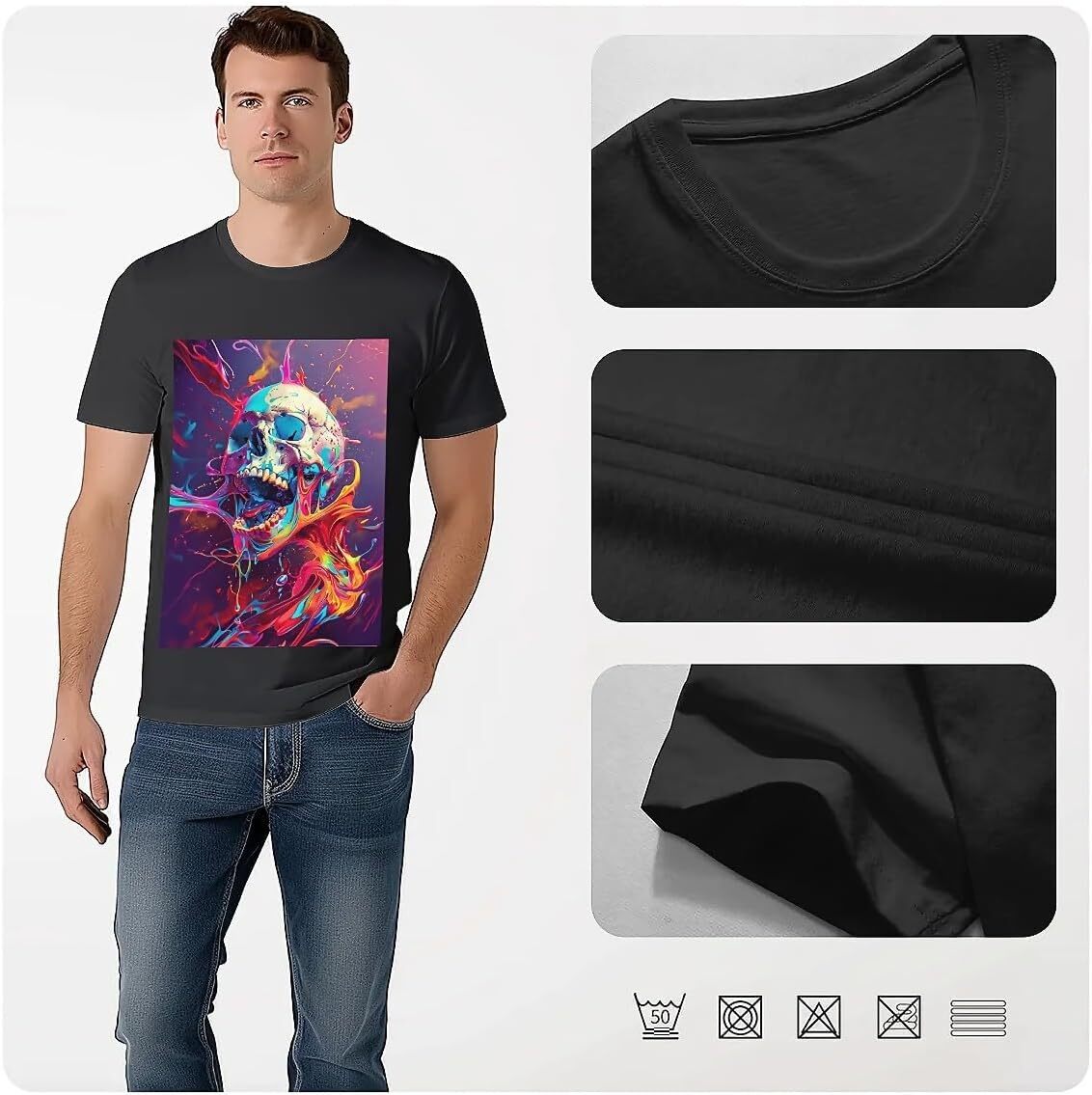 T shirt for Mens Mens Novelty T-Shirts Graphic 2D Print Summer Short Sleeve Colorful Skull with Open Mouth Shirts Tshirt Graphic Tee Casual Tops Cloth