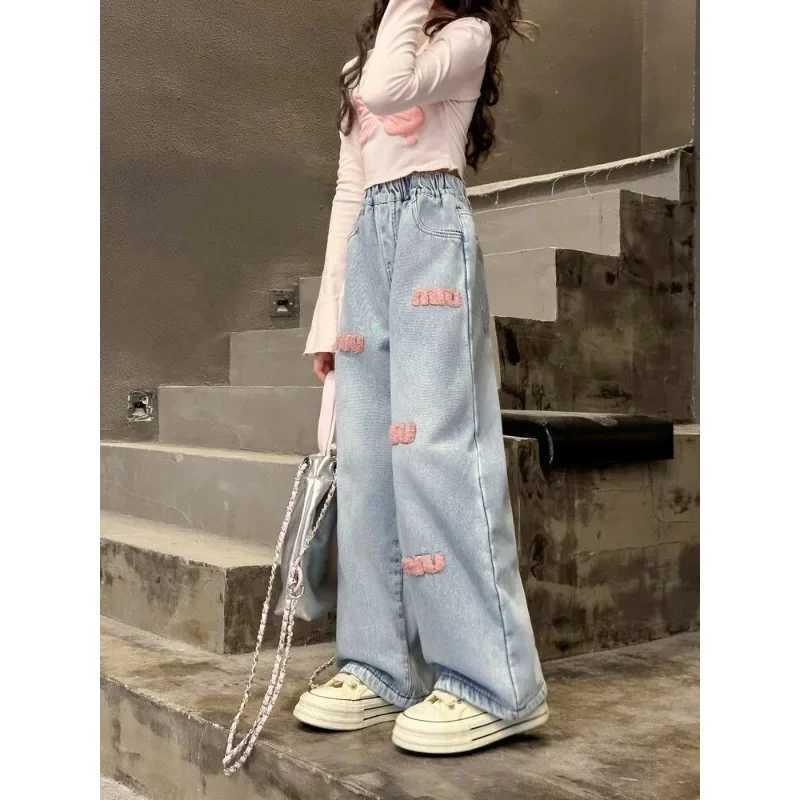 Pink Towel Embroidered Jeans 2024 Summer Girls Casual Cute Fashion Embroidered Alphabet Wide Leg PantsT250326