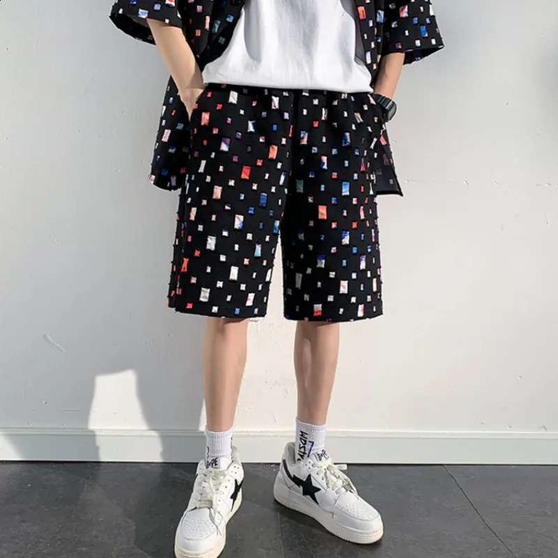 Summer Plaid Sets Men Fashion Short Sleeved Shirt/Shorts Two-piece Mens Streetwear Loose Hollow Out Set Mens Short Sets M-5XL 250319