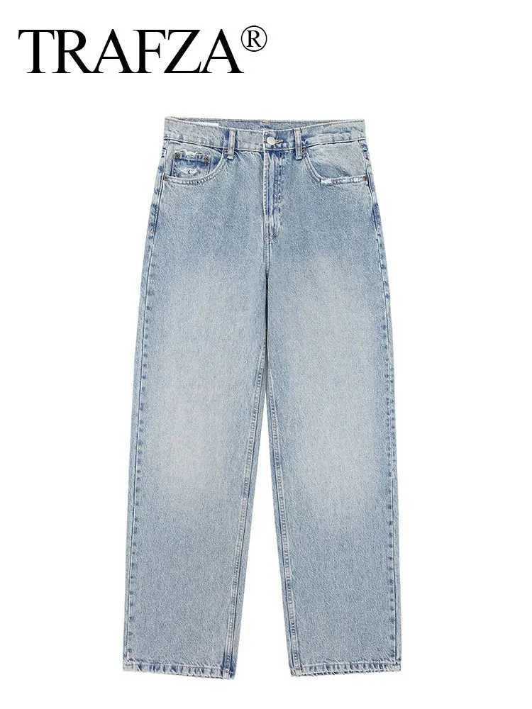 TRAFZA Womens Jeans 2024 Denim Solid Loose Zipper Flying Womens Hole Trouser Pocket Wild Basic Commuter Womens Wide Leg PantsT250319