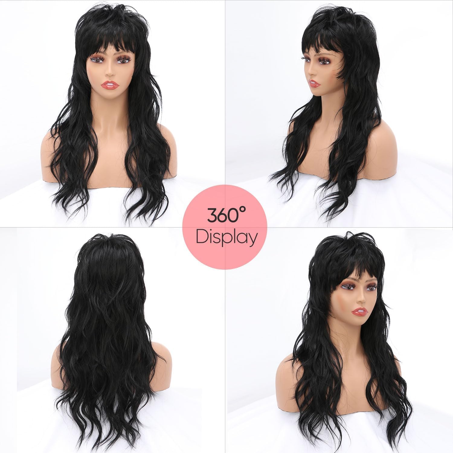 80s 90s Mullet Wigs Pixie Cut Wigs with Bangs for Black Women, Wolf Wig Wavy Long Black Synthetic Split Fringe Mullet Wig for Women Long Cosplay wig(2