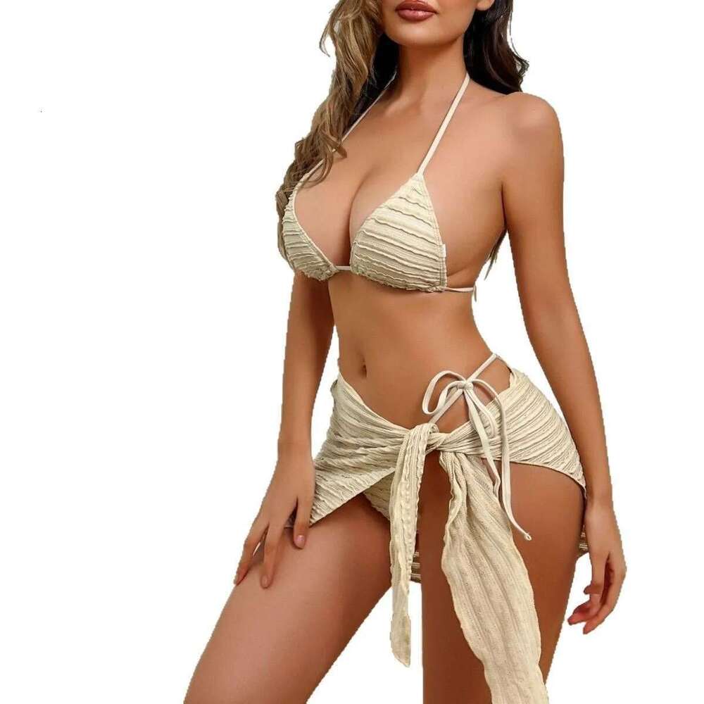 3 Piece Women Lace-up Bikini Set Fashion Hanging Neck Swimsuit Triangle Bra Bikinis Sexy Swimwear Trendy Split Bathing Suits With Beach Cover Ups