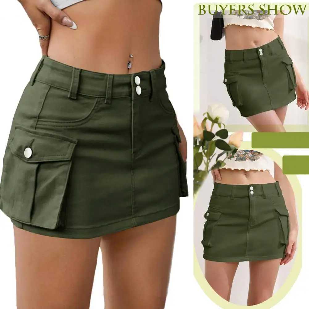 Cowboy leather with pockets fashionable womens denim cargo leather button fly pocket low waist mini denim leatherXJ250320