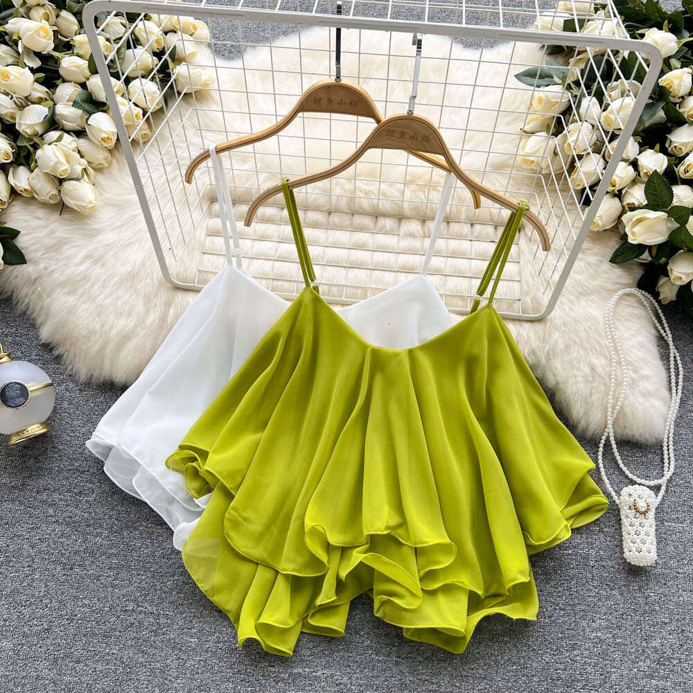 Designer Tshirt Women Shirts 2025 Summer Blouse Versatile Loose Ruffle Edge Off Shoulder Double Layer Sleeveless Chiffon Suspended Tank Top for Women