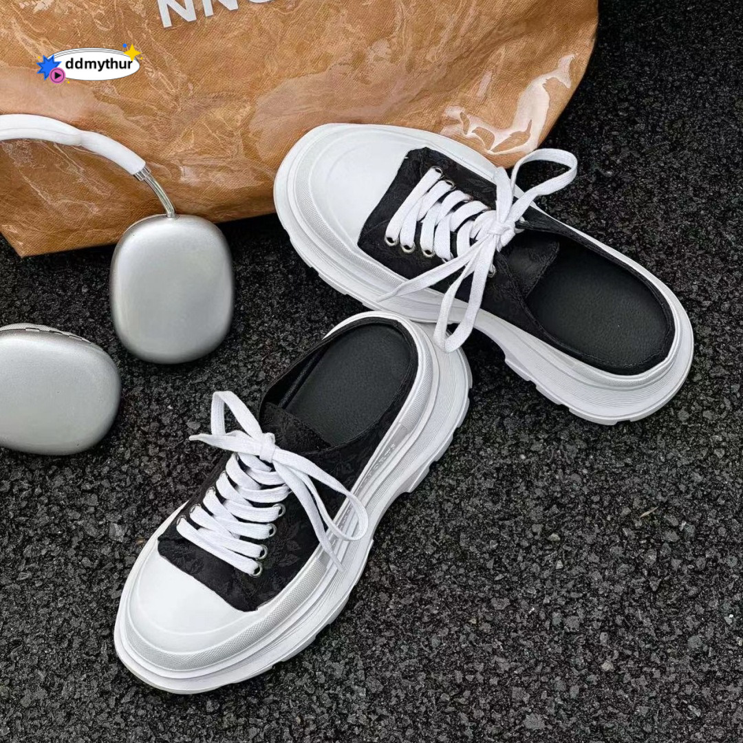 Chinese style canvas s with sponge cake soles women's s, new print for summer 2024, casual lace up, increased height, lightweight and breathable 
