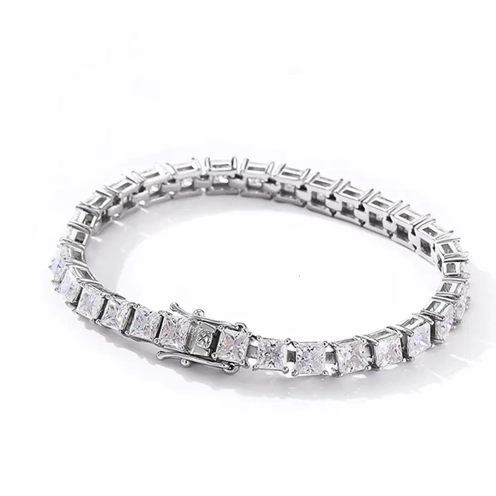 FEOBUR S925 Sterling Silver 4mm Princess Cut Moissanite Tennis Bracelets with Certificates Diamond Bangle for Women GRA Jewelry