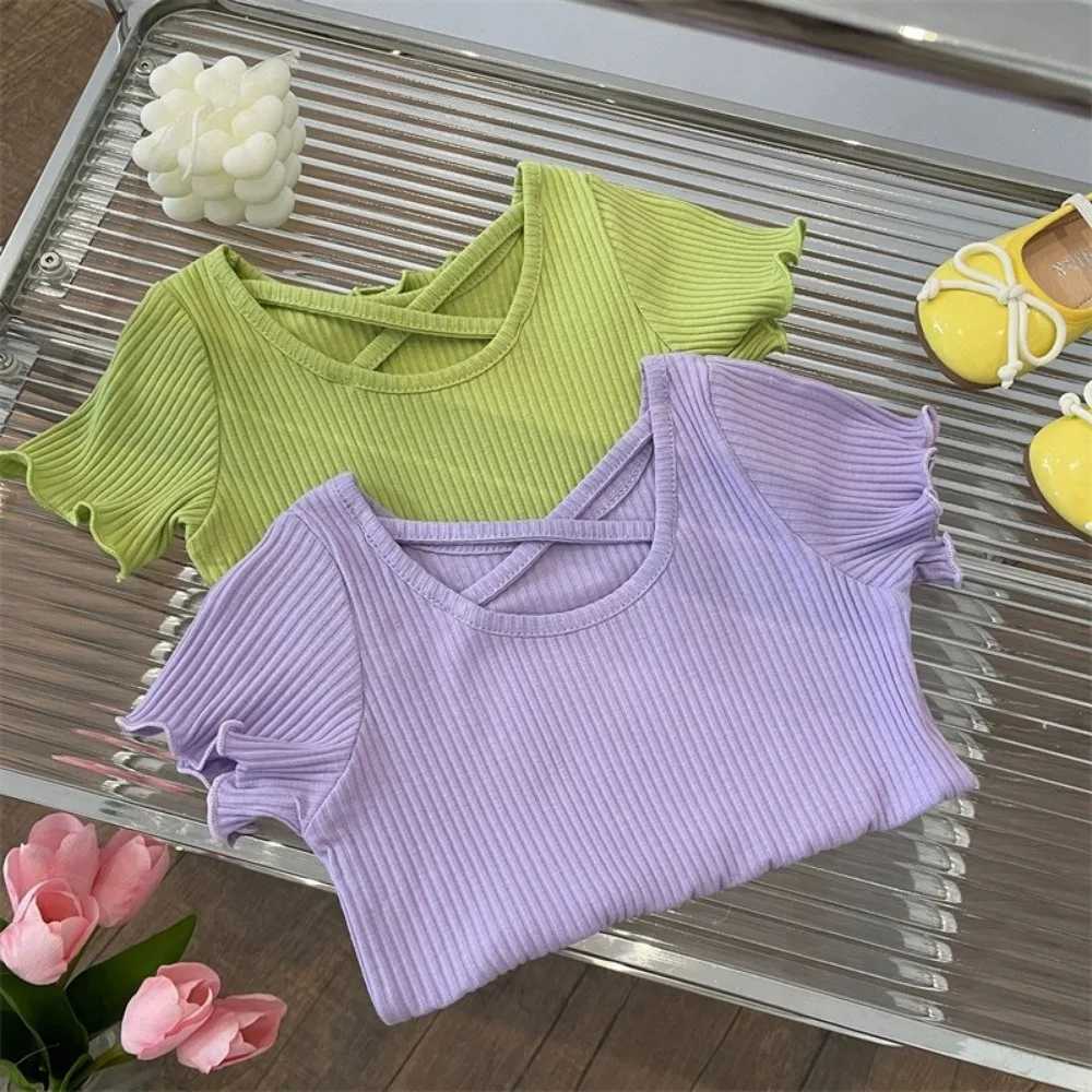 Bear Leader Summer New Girls Clothes Korean Version Top Cross Back Short Sleeve Kids Solid Color Round Neck Casual T-ShirtsT250320