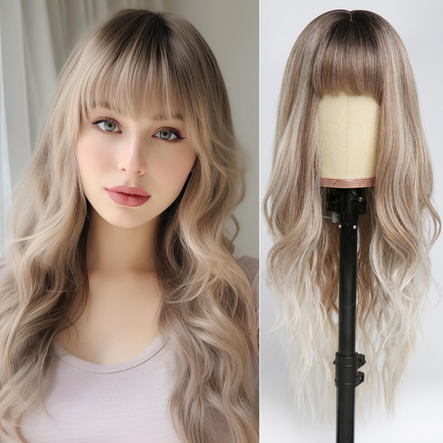 Long Ash Blonde Wig with Bangs and Highlight Ombre Blonde Women Long Wavy Hair Wig Curly Wavy Synthetic Wigs for Girls Daily Party Use(26 inch)