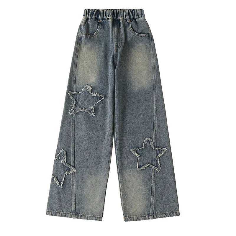 Spring Autumn Teenager Girls Wide Leg Jeans Children Trousers 2024 New Fashion Star Pattern Girls Denim Pants 5-14Y Kids ClothesT250326