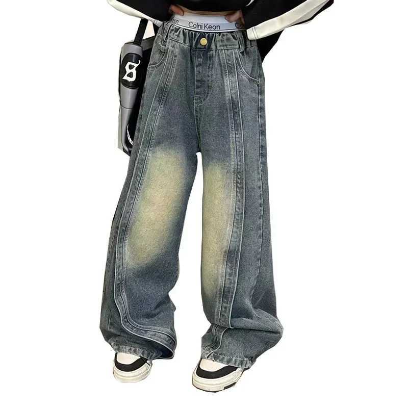 Teenage girl pants with fashionable patchwork design floor jeans Trouser childrens wide leg jeans 6 8 10 12 14-year-old childrens bottomT250326