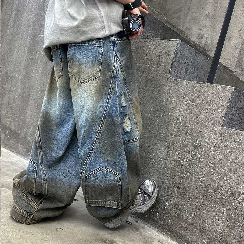 Cowboy childrens pants with loose fit and dirty wash design wide leg childrens jeans suitable for girls fashionable boys jeans Trousers niche wearT250