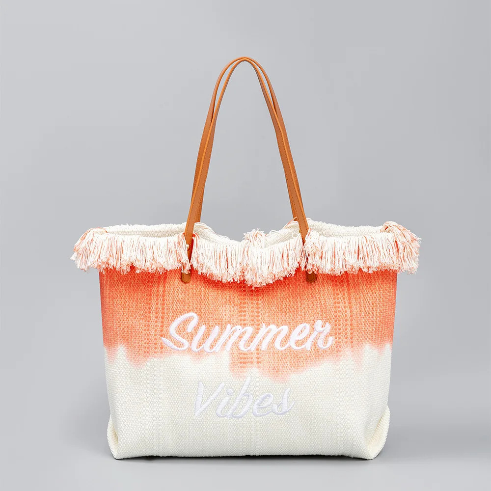 2024 New Womens Handbag Embroidered Letter Tassel Design Fresh Gradient Color Large Capacity Tote Shopper Travel Bag Beach Bag R250320