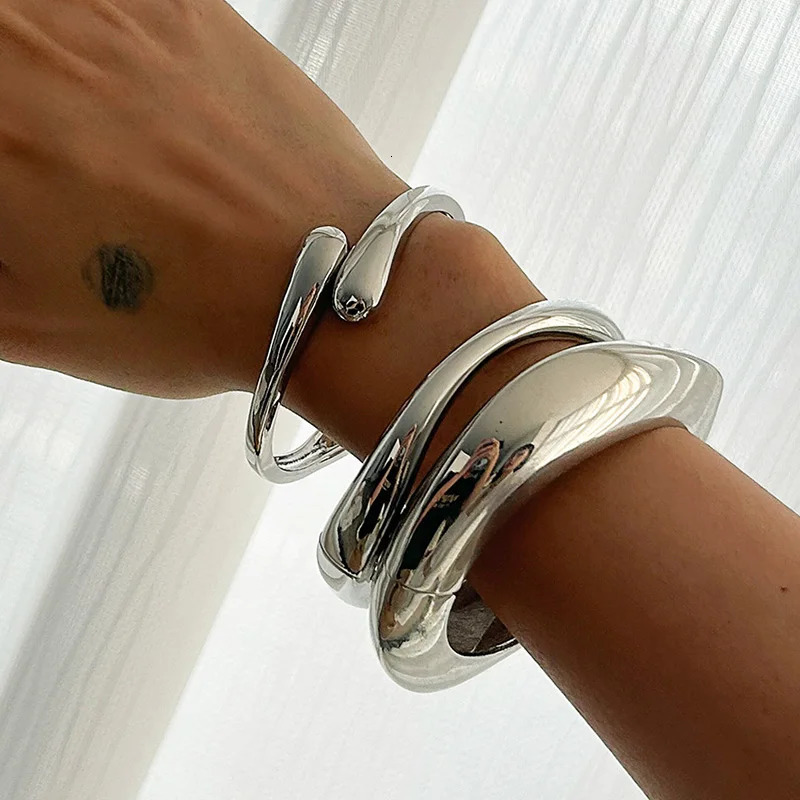 3 Styles Punk Vintage Wide Cuff Bangles Hip Hop Gold Silver Color Geometric Metal Spring Chunky Bangle Women Bracelets Jewelry 250320