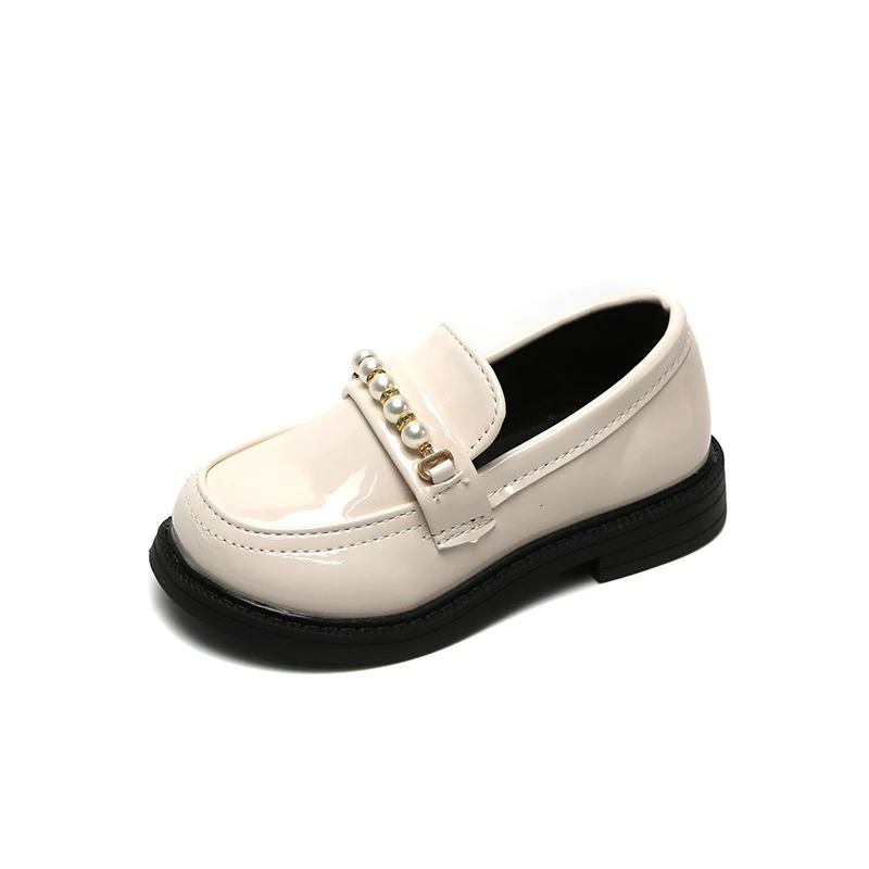 Girl leather shoes school party childrens wedding black coat apartment British style pearl beads 250319