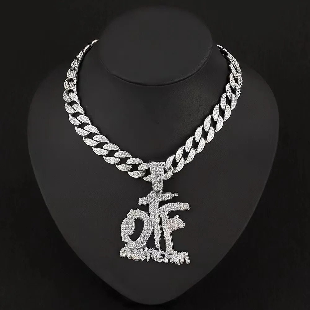 Wholesale hip hop rhinestone alloy bling OTF letter pendant with 15mm cuban link chain necklace 250320