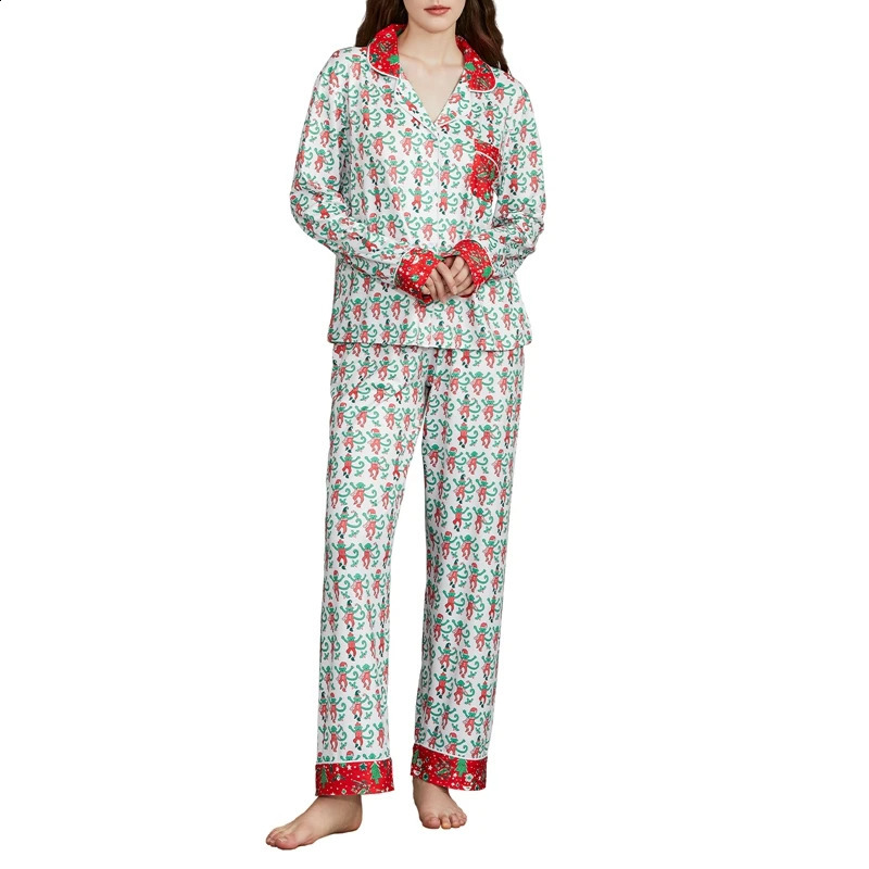 Cartoon Monkey Print Long Sleeve Button Down Blouse Tops with Long Pants Loungewear Womens Summer Casual 2 Piece Set Sleepwear 250319