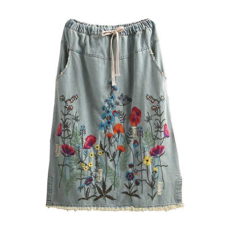 TIYIHAILEY Cotton Denim Long Mid-calf Skirts For Women Tassels Summer Spring Elastic Waist A-line Embroidery Holes 2024 NewXJ250320