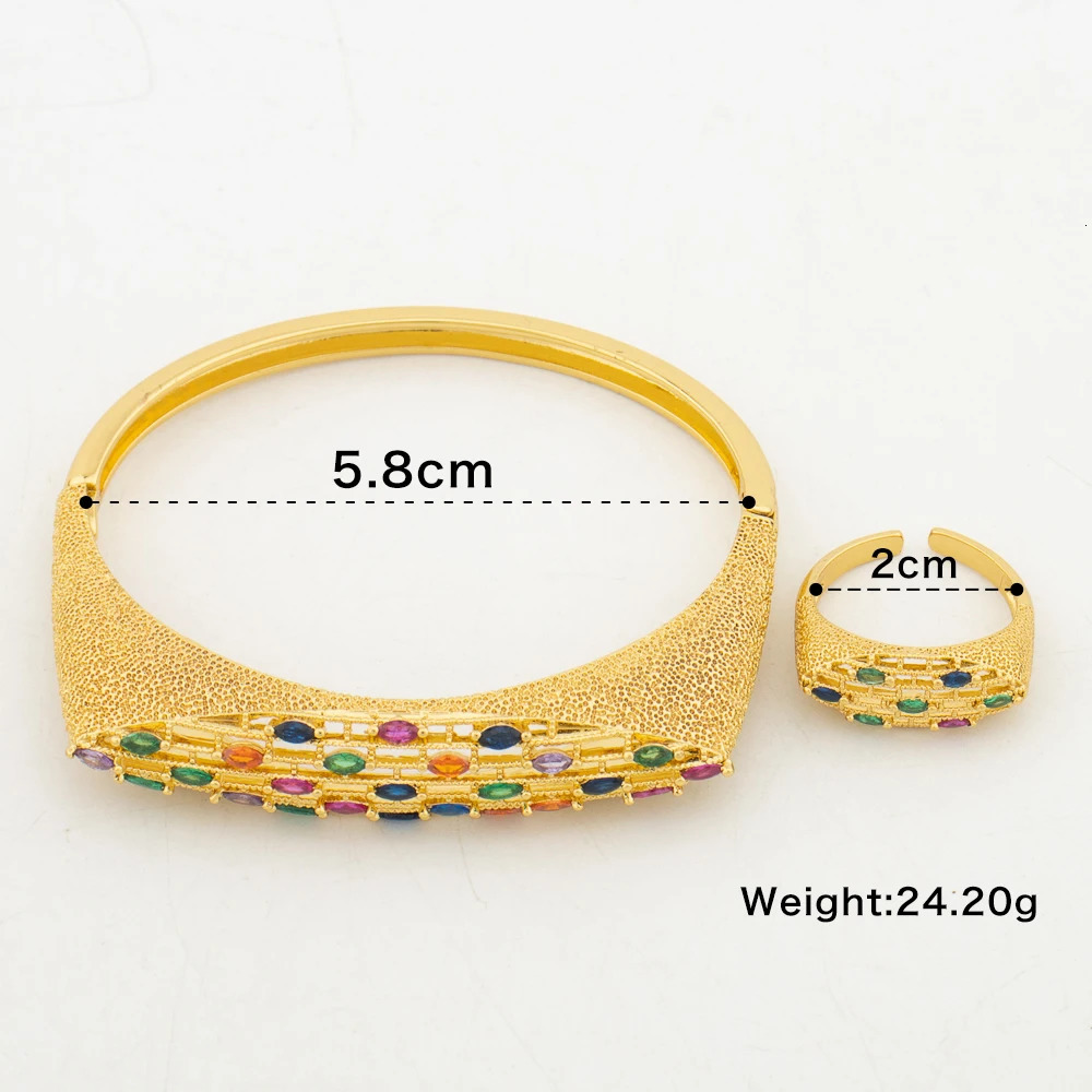 Dubai Gold Color Jewelry Set Colored Stone n Hand Bracelet Weddings Bride Hand Bracelet with Finger Ring 2Pcs Set Brazilian 250320