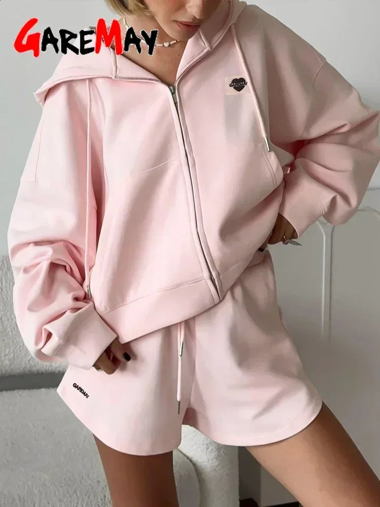 Spring Womens Summer Suit with Shorts Cotton Oversize Pink Top and Shorts Set Two-piece Casual Tracksuit with Shorts for Women 250318